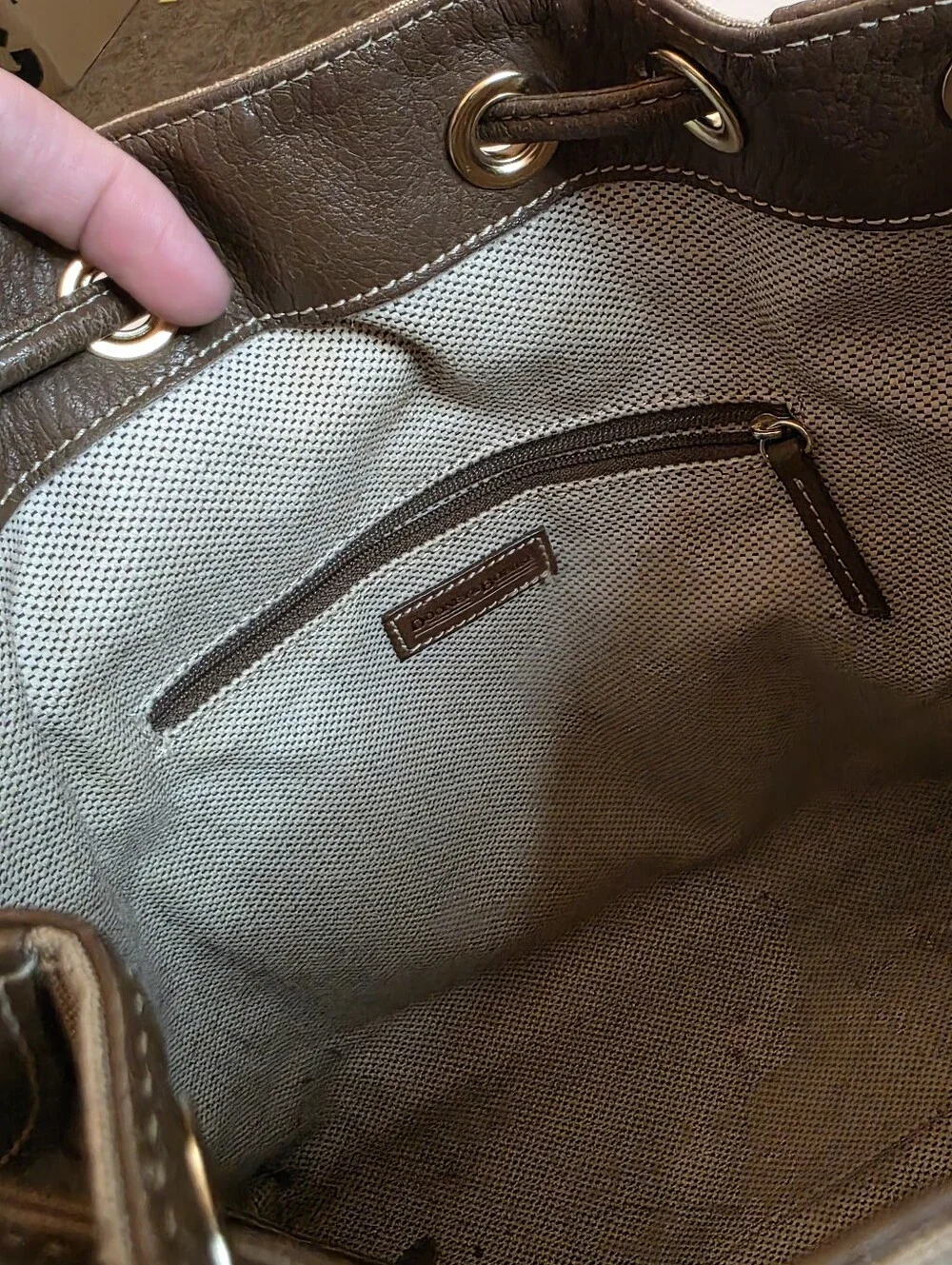 Vintage Dooney & Bourke Signature Monogram Drawstring Bucket Bag Brown Hobo
